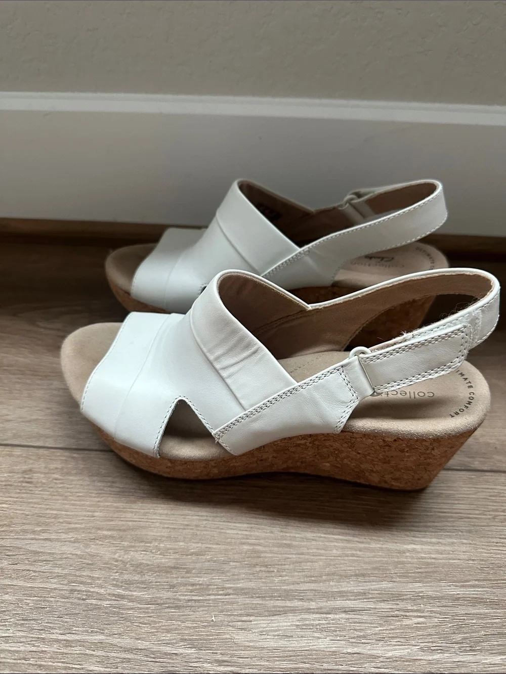 Clarks White Leather Cork Wedge Slingback Sandals